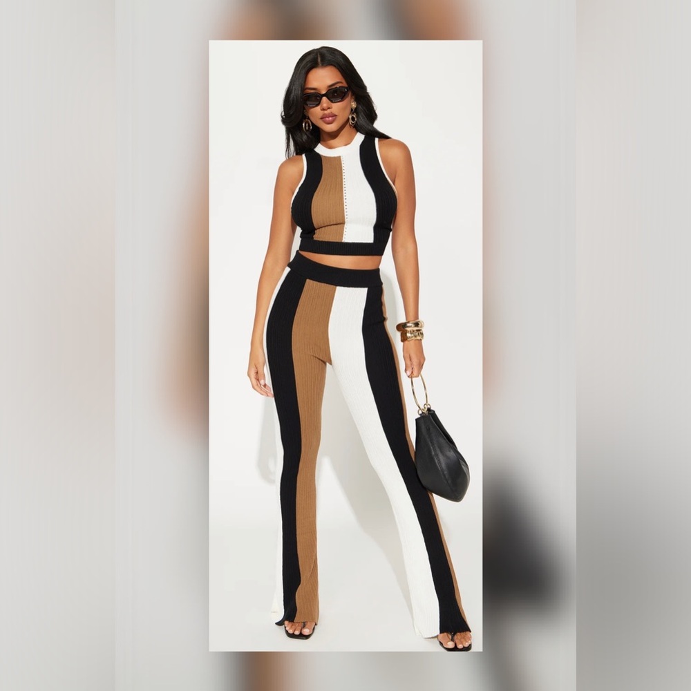 Fashion Nova Black, White, and Brown Knit Flare Pants Set